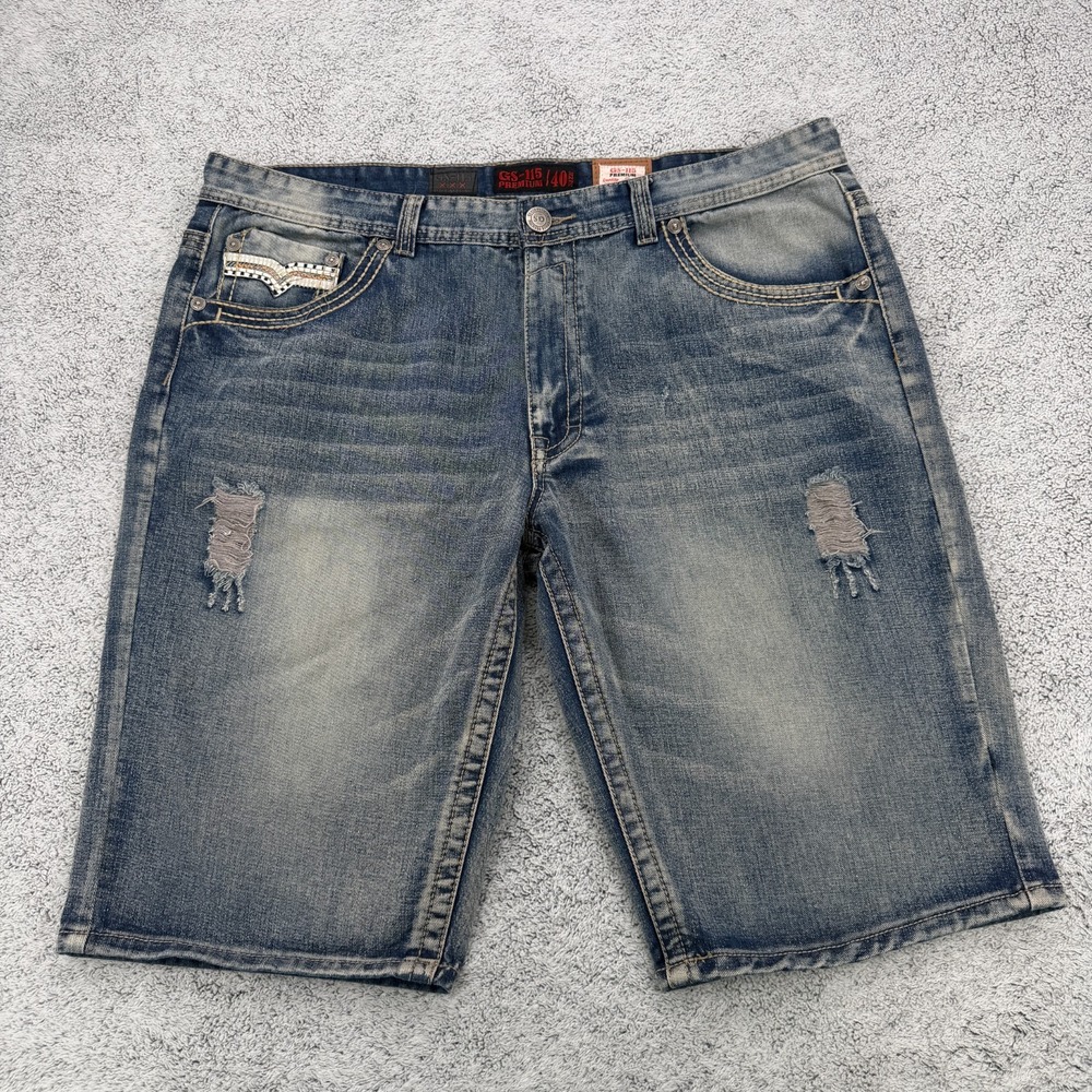 GS-115 Premium Denim Shorts Mens 40 Blue Distressed Faded Long Jean Shorts Y2K